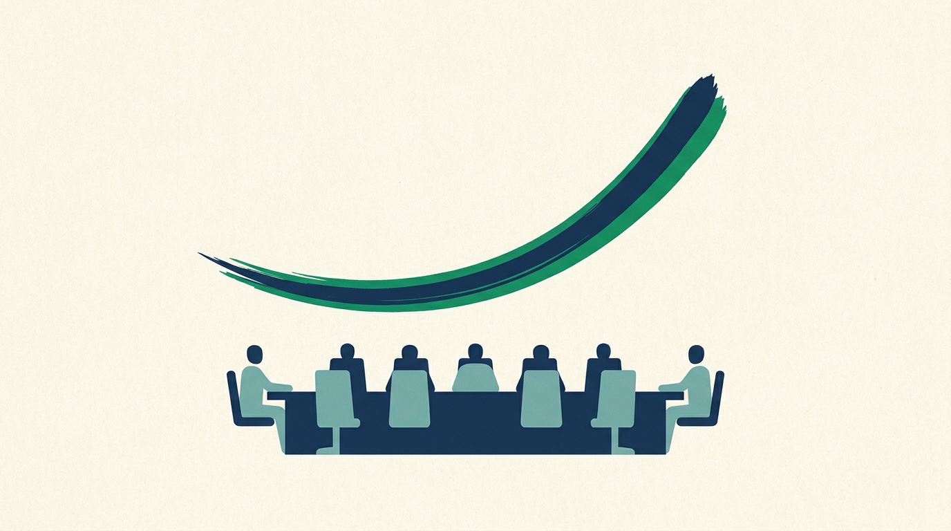 Minimal editorial illustration of a rising ink line chart passing over a boardroom table silhouette, navy and emerald on cream