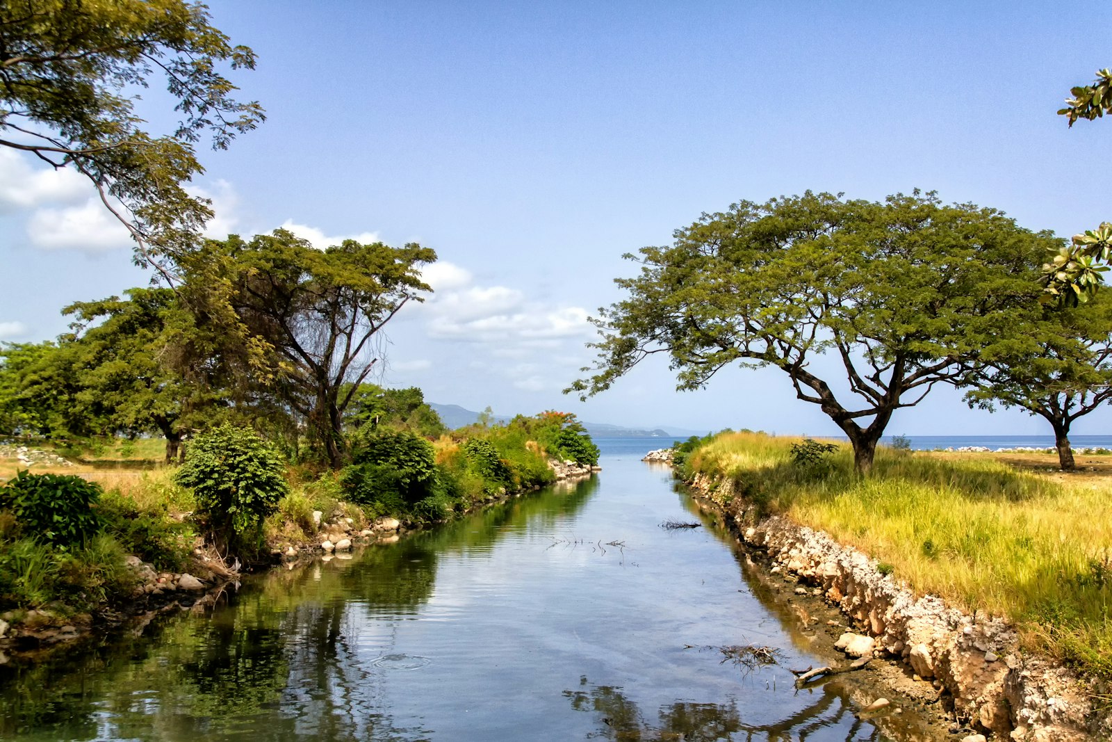 Tree-lined river channel running to the sea on the Jamaican coast under a blue sky, with distant hills