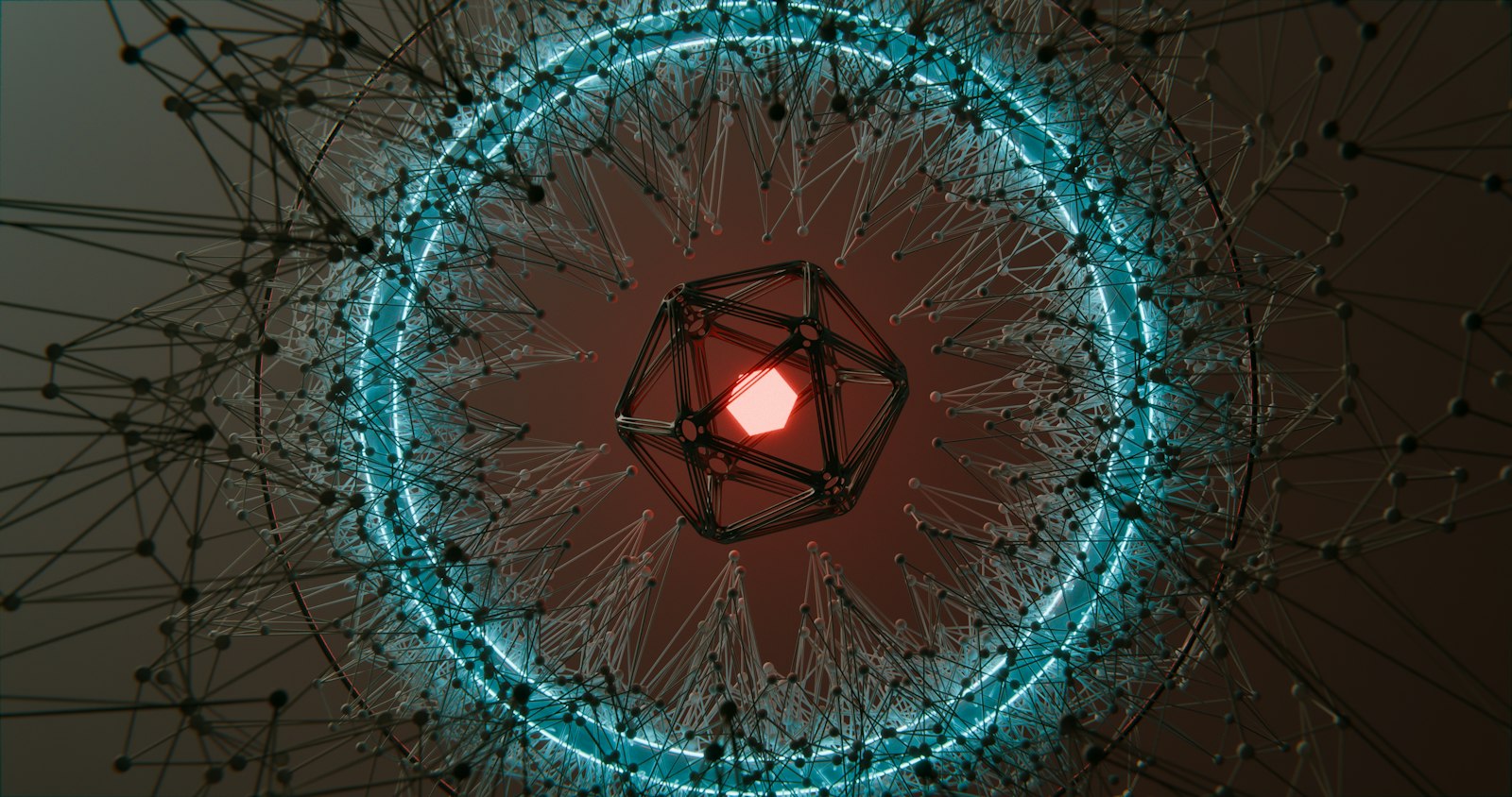 A dense mesh of connected nodes around a glowing core, representing a language model whose training data can be traced
