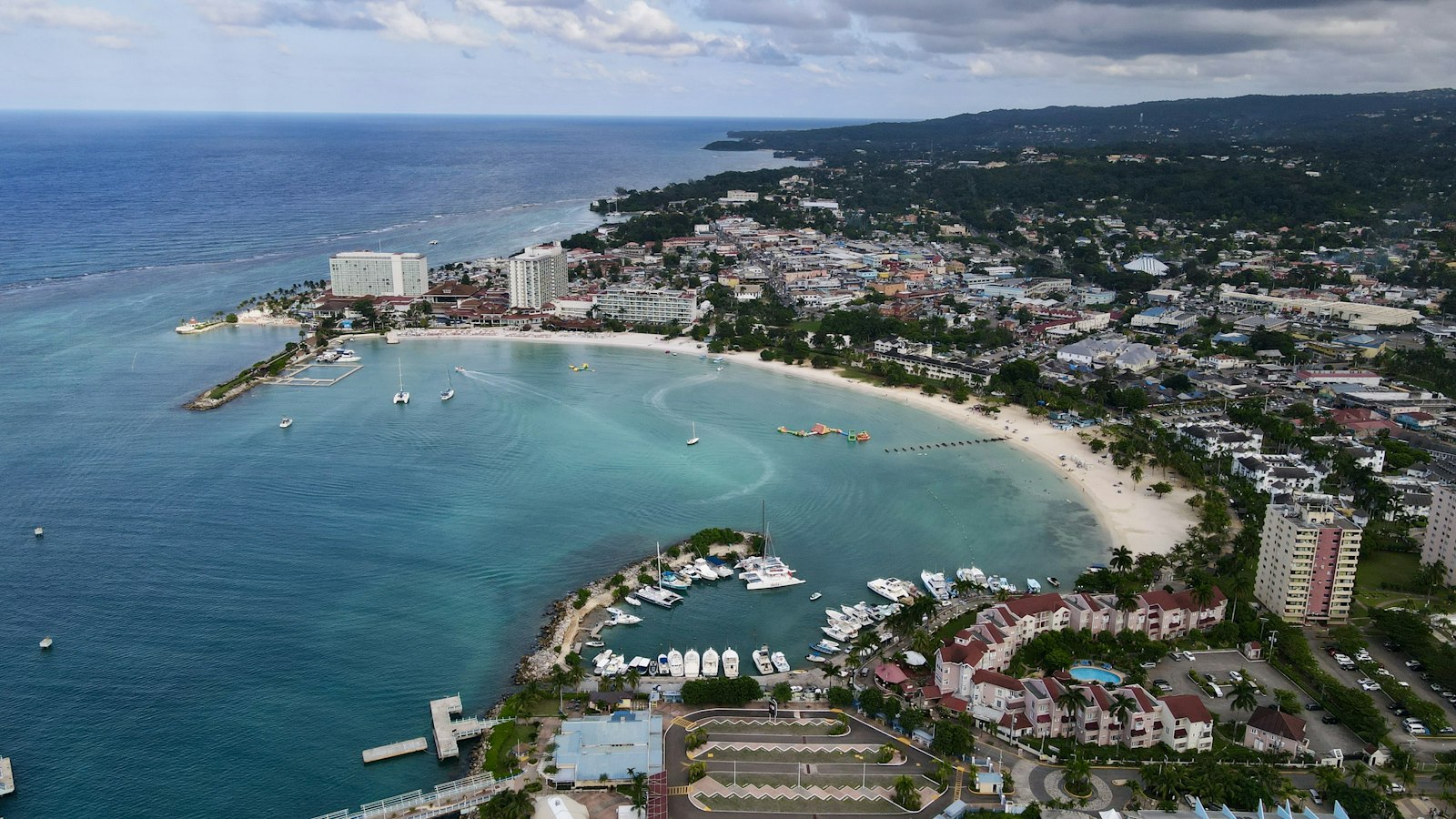 Aerial view of the bay and town of Ocho Rios on Jamaica's north coast, with boats in the marina